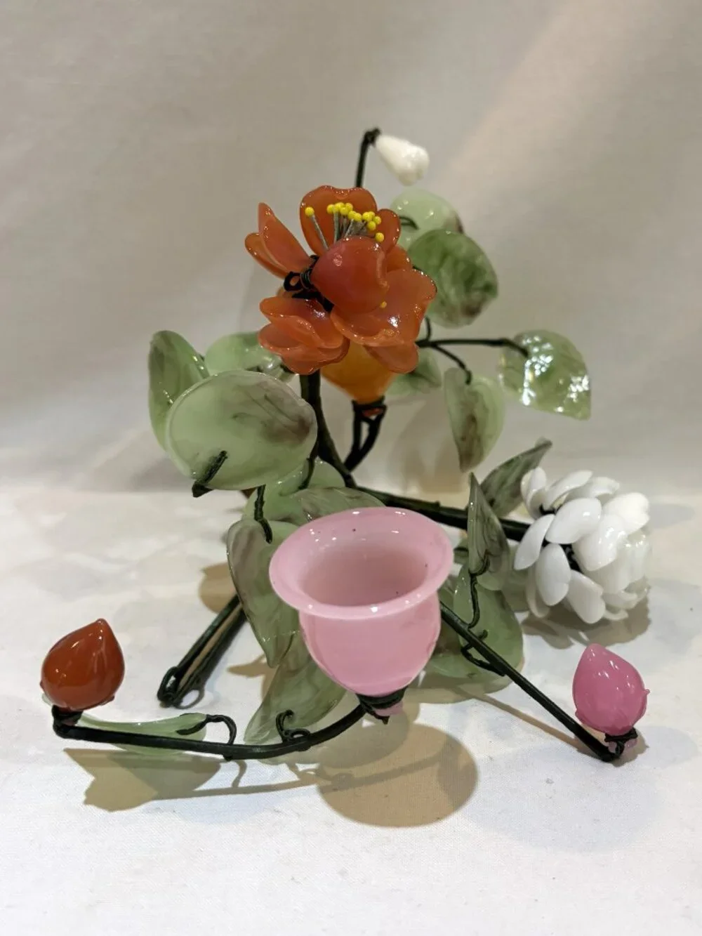 Vintage Hand Carved Jade & Stone Floral Candle Holder Centerpiece AS IS
